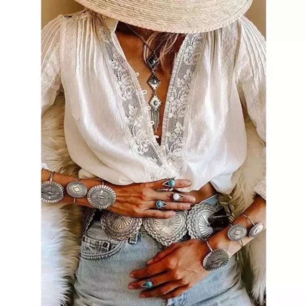 White Boho Crochet Lace Peasant Blouse